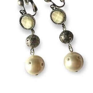 Gorgeous faux pearl antiqued silver clip on dangle earrings